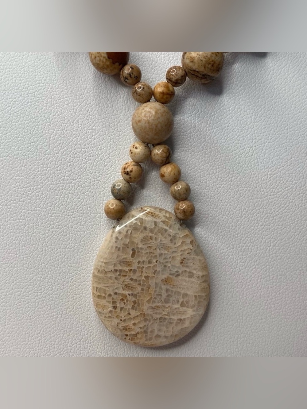 Hand Crafted Picture Jasper Beaded Necklace & Fossil Coral Pendant 25" 8mm NWT - Picture 3 of 5